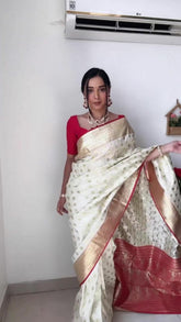 White Ready To Wear Premium Soft Lichi Jacquard Silk Saree
