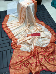 White Ready To Wear Premium Soft Lichi Jacquard Silk Saree