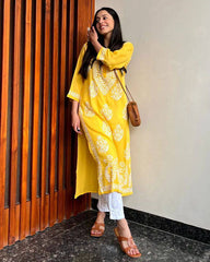 WOMEN CHIKAN EMBROIDERY Kurti_Pent Pair Design (Yellow)60
