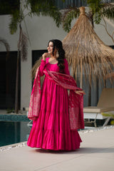 Rani Pink Pure Chanderi Silk Anarkali Suit with Elegant Frill Flair
