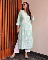 WOMEN CHIKAN EMBROIDERY Kurti_Pent Pair Design (Pista) 58