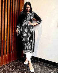 WOMEN CHIKAN EMBROIDERY Kurti_Pent Pair Design (Black) 55