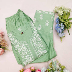 New Chikankari Exclusive Kurti_Pent Pair Design(Pista) 29