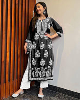 WOMEN CHIKAN EMBROIDERY Kurti_Pent Pair Design (Black) 55