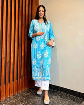 WOMEN CHIKAN EMBROIDERY Kurti_Pent Pair Design (Sky Blue) 59