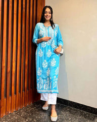 WOMEN CHIKAN EMBROIDERY Kurti_Pent Pair Design (Sky Blue) 59