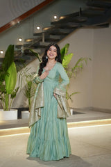 Pista Green Pure Chanderi Silk Anarkali Suit with 9-Meter Frill Flair – 3-Piece Set