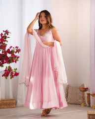 Elegant Baby Pink Georgette Three-Piece Anarkali Suit with Mirror Work