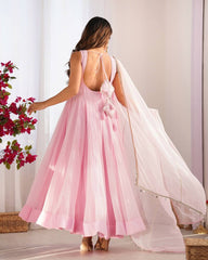 Elegant Baby Pink Georgette Three-Piece Anarkali Suit with Mirror Work