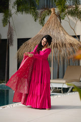 Rani Pink Pure Chanderi Silk Anarkali Suit with Elegant Frill Flair