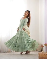 Elegant Pista Green Roman Silk Ruffle Anarkali Suit – Three-Piece Festive Ensemble