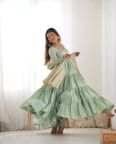 Elegant Pista Green Roman Silk Ruffle Anarkali Suit – Three-Piece Festive Ensemble