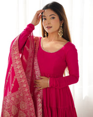 Rani Pink Pure Roman Silk Chanderi Anarkali Suit with Ruffle Flair & Banarasi Dupatta – Festive Wear