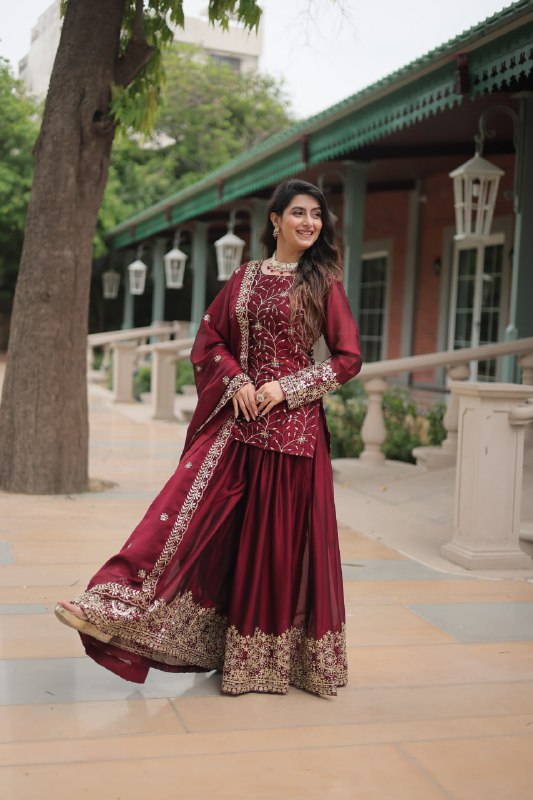 Rangoli Silk Embroidered Kurti Set with Plazzo & Dupatta