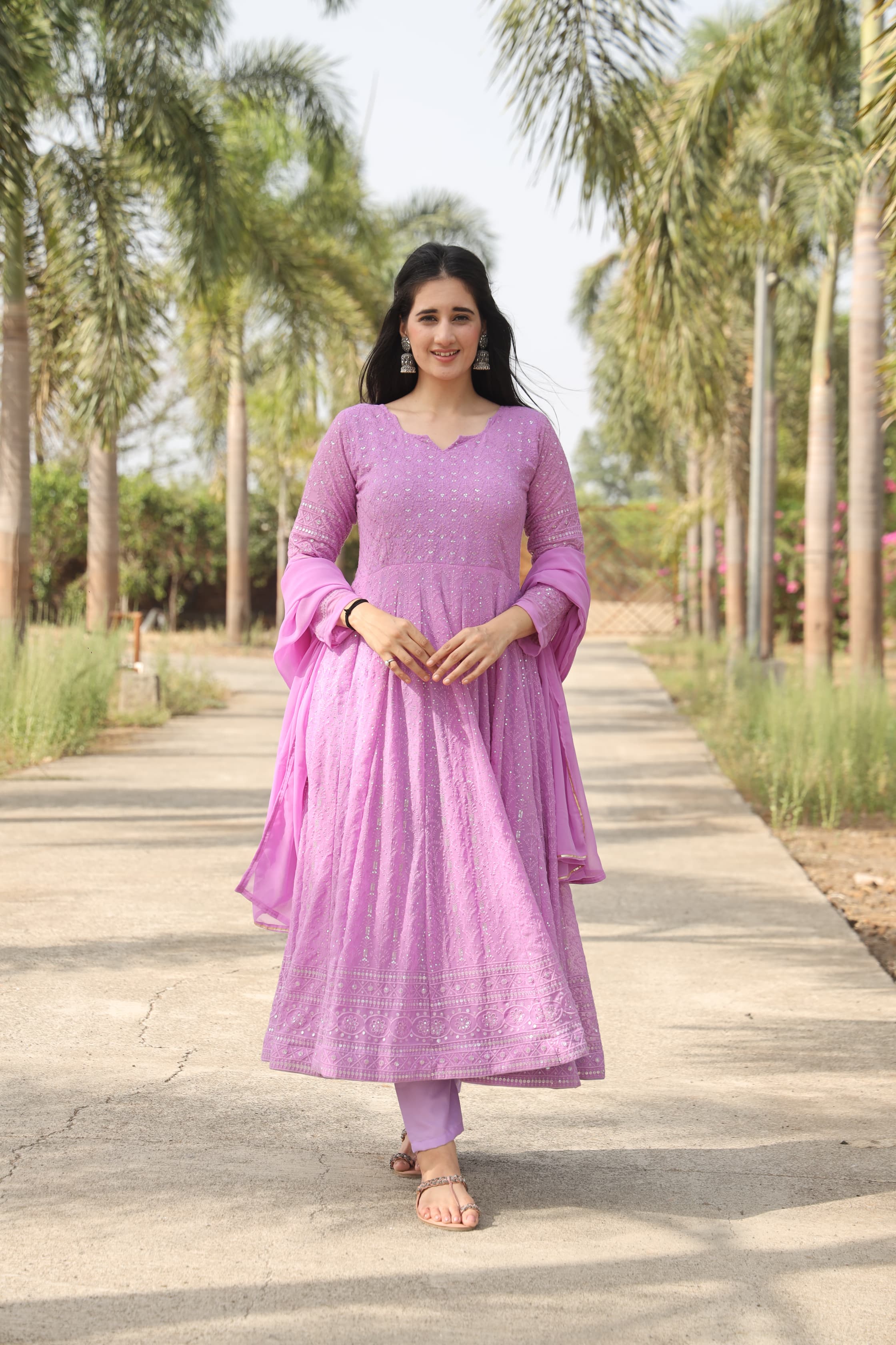 Georgette Embroidered Kurta Set with Micro Cotton Pants & Dupatta