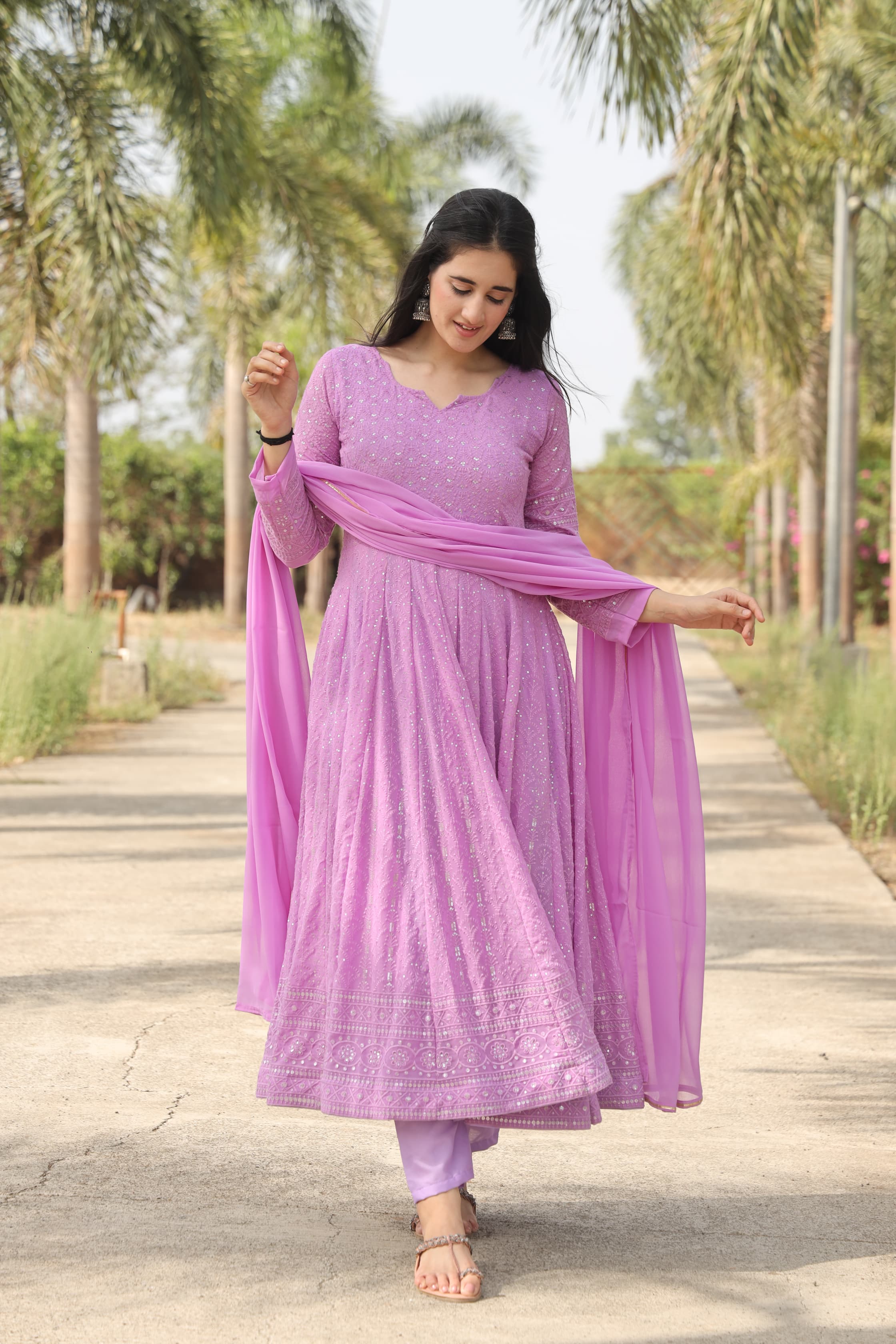 Georgette Embroidered Kurta Set with Micro Cotton Pants & Dupatta