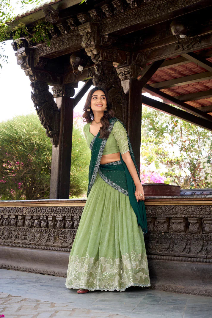 Elegant Silver Glossy Lehenga with Sequins & Hotfix Embroidery, Silk Lining & Rangoli Silk Dupatta