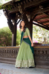 Elegant Silver Glossy Lehenga with Sequins & Hotfix Embroidery, Silk Lining & Rangoli Silk Dupatta