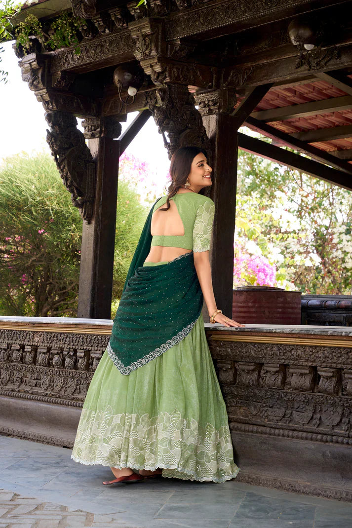 Elegant Silver Glossy Lehenga with Sequins & Hotfix Embroidery, Silk Lining & Rangoli Silk Dupatta