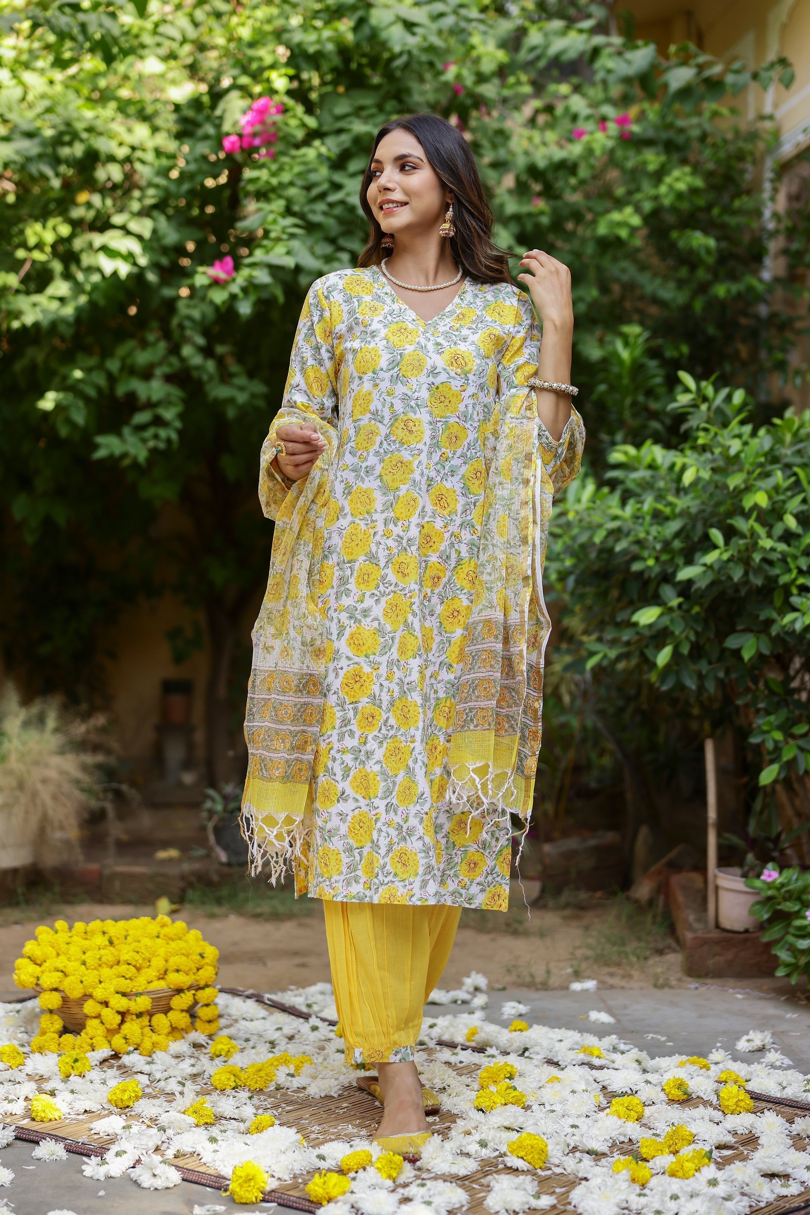 "Marigold" Yellow Hand Block Printed Cotton kurta