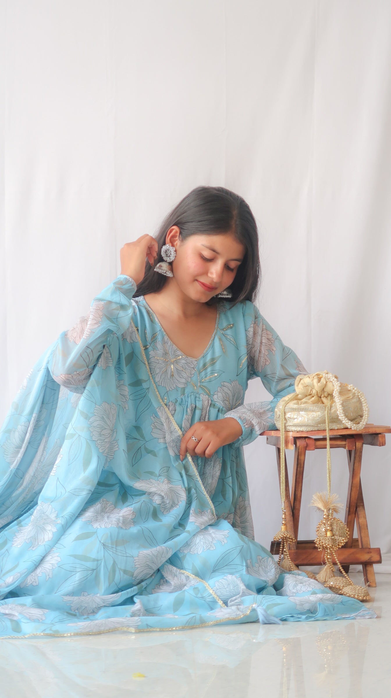 Light Blue Chiffon Anarkali Kurta Set with Sequin Work and Floral Print