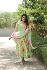 Muslin Hand Print Foil Work Kurta Set with Micro Cotton Pants & Printed Georgette Dupatta