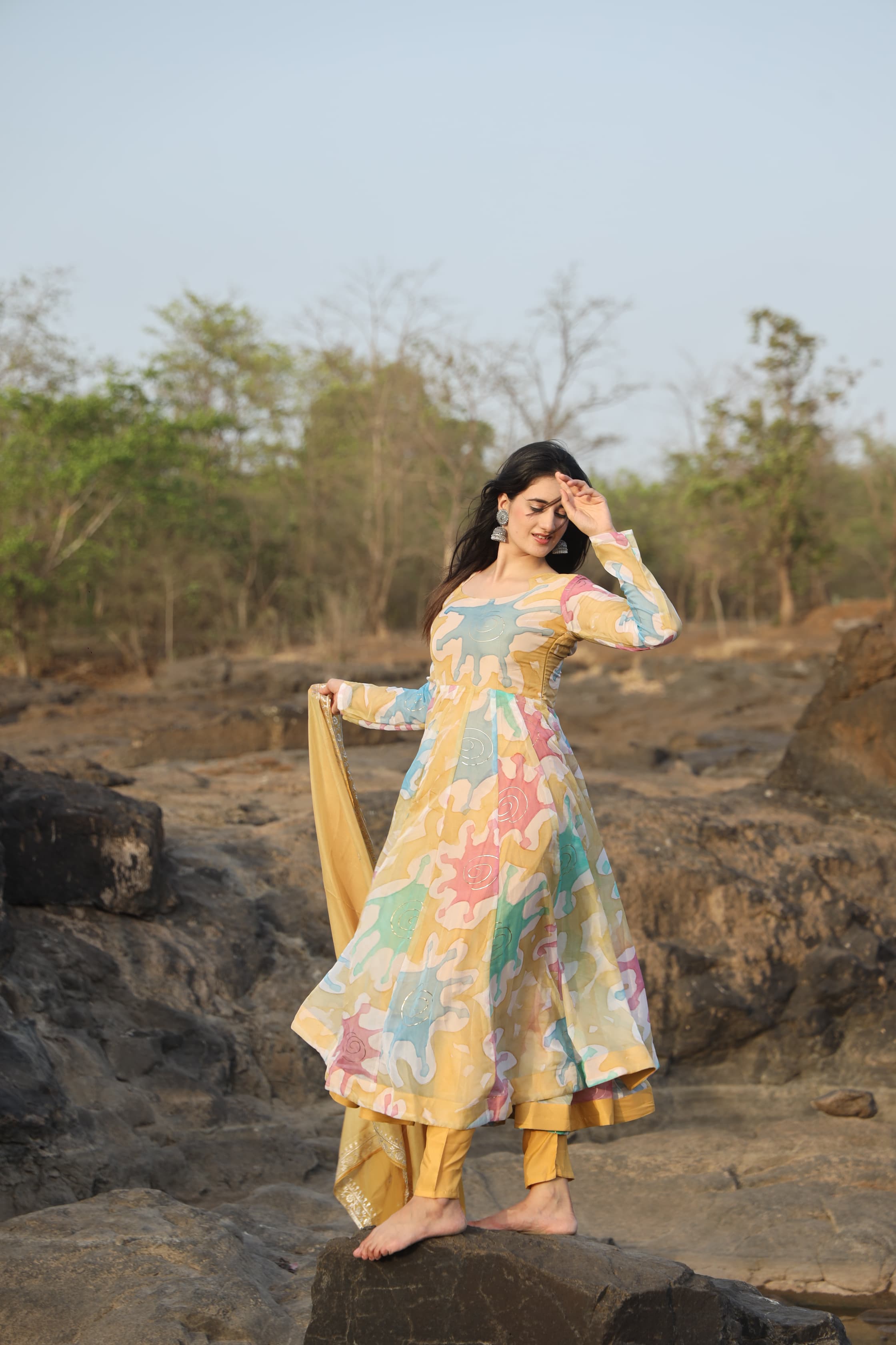 Organza Hand Print Foil Work Kurta Set with Micro Cotton Pants & Embroidered Organza Dupatta