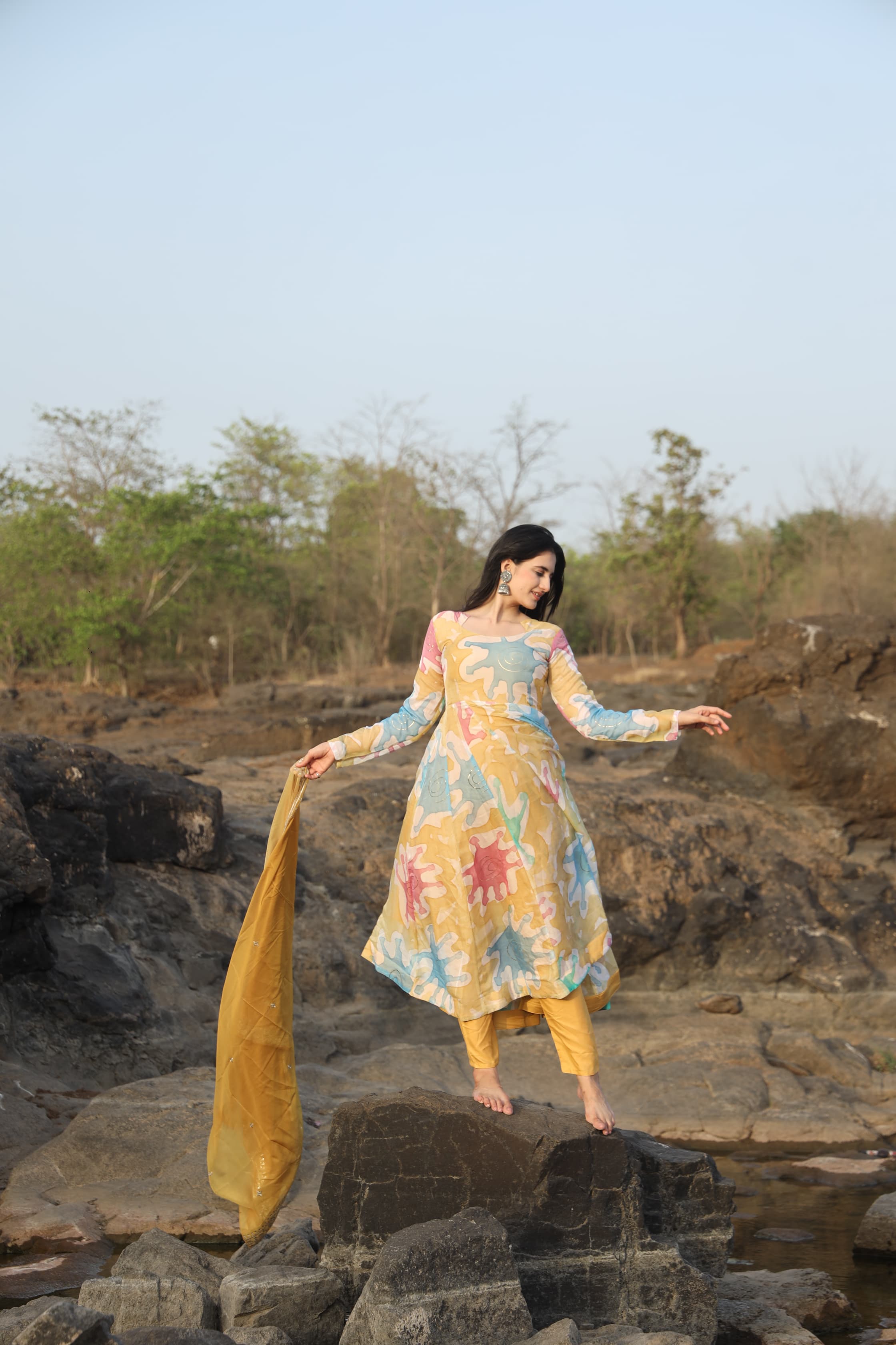 Organza Hand Print Foil Work Kurta Set with Micro Cotton Pants & Embroidered Organza Dupatta