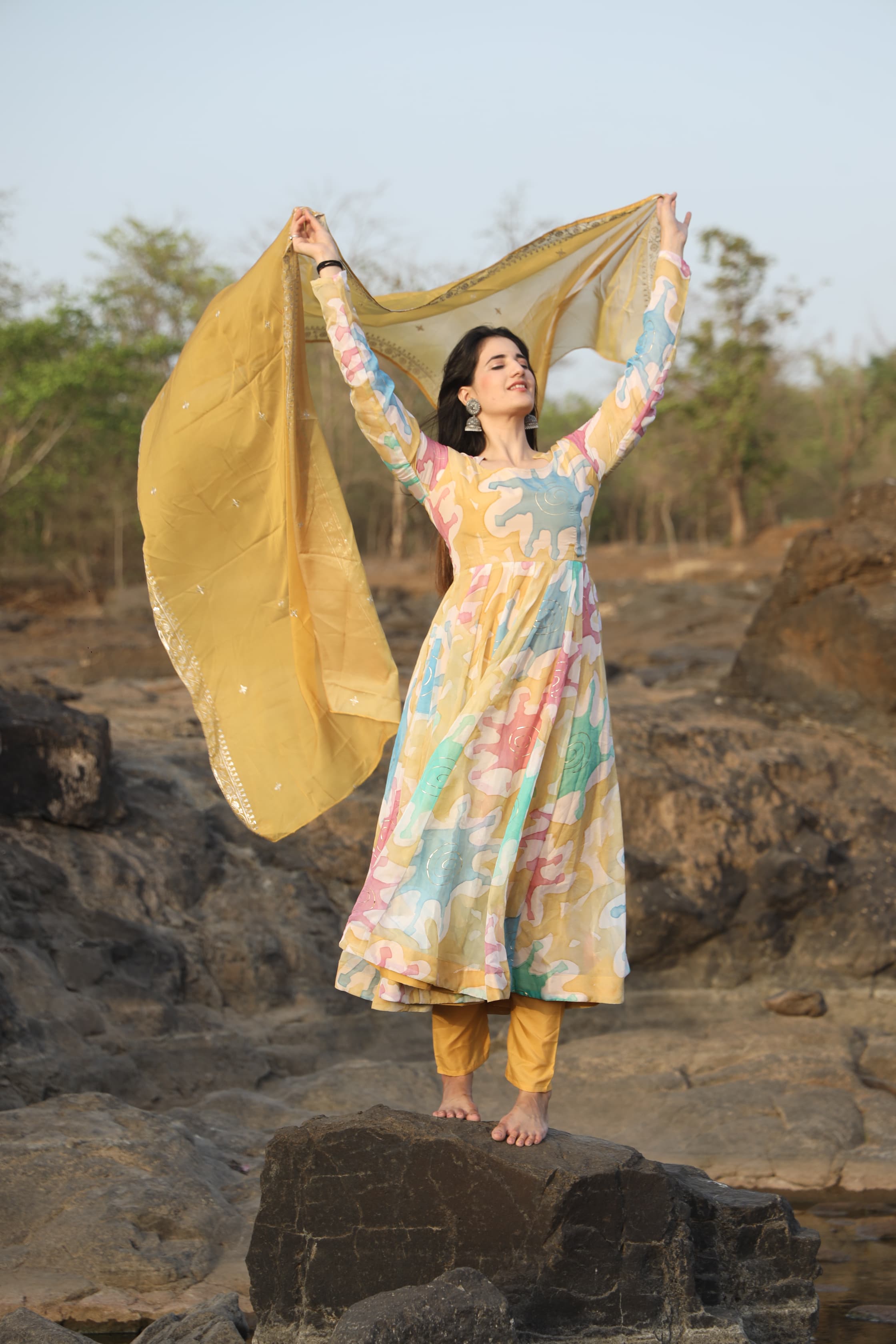 Organza Hand Print Foil Work Kurta Set with Micro Cotton Pants & Embroidered Organza Dupatta