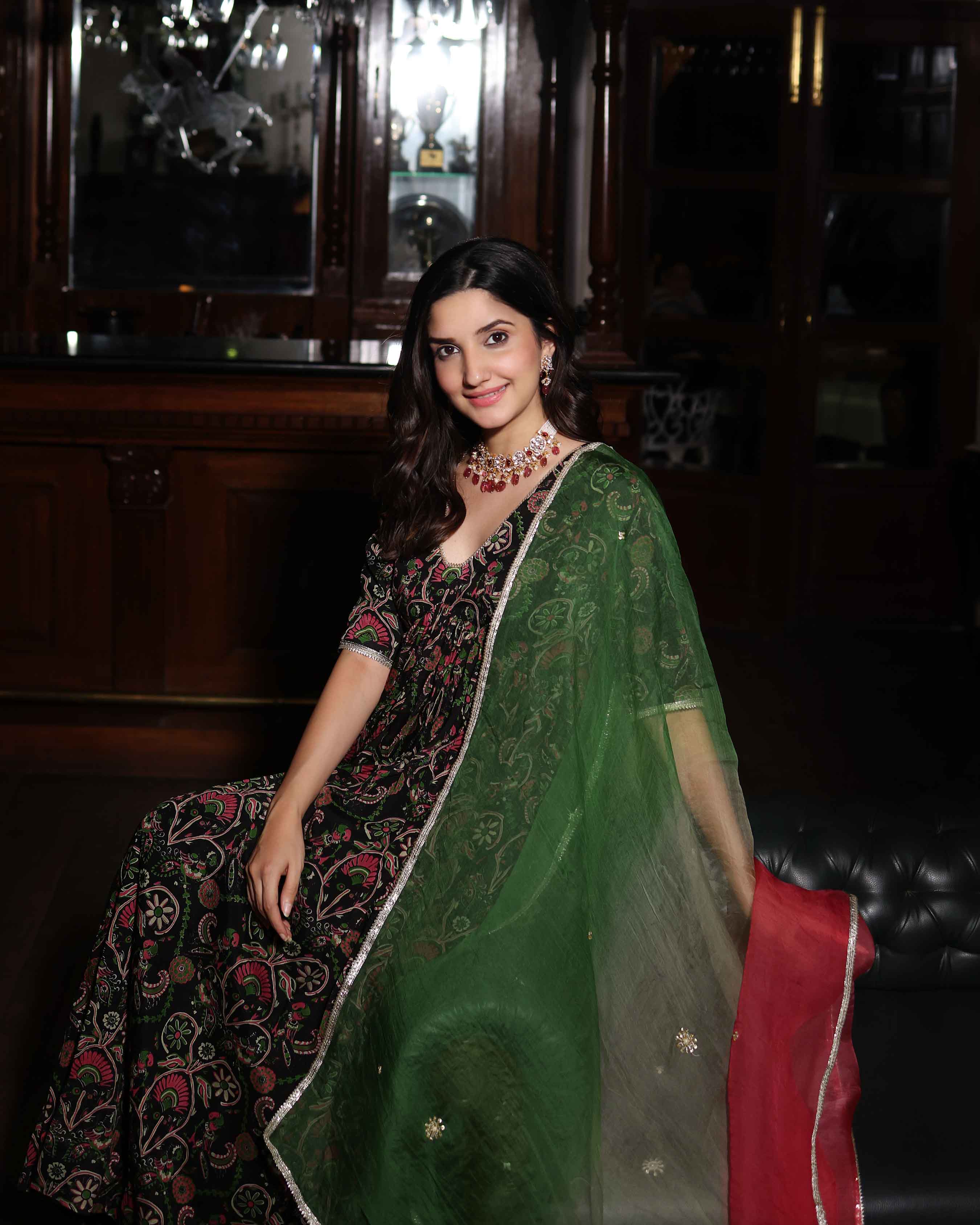 Florris Mush Black Printed Chinon Suit Set