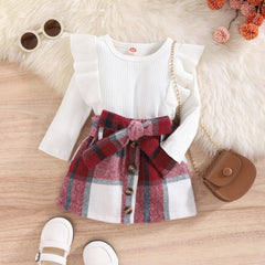 Red Plaid Skirt and Top Outfit – Stylish Cotton Two-Piece Set for Girls