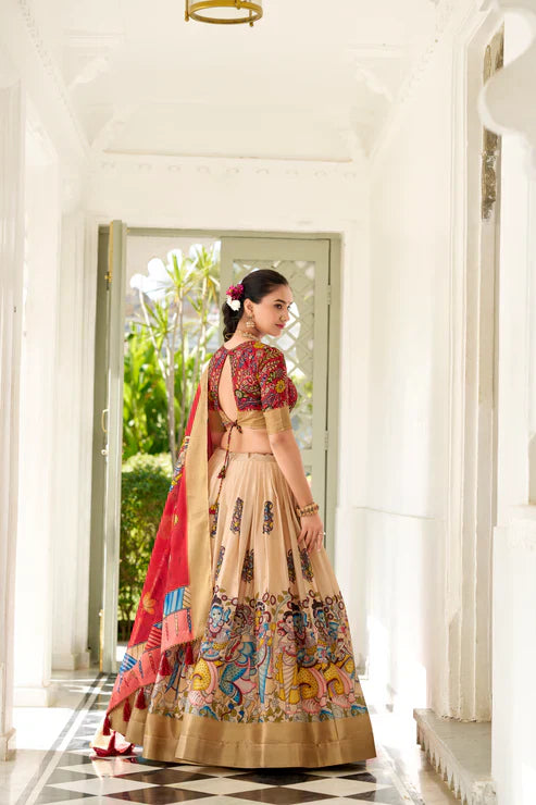 Dola Silk Kalamkari Print Lehenga Set with Zari Weaving Border – Elegant Ethnic Wear for Women