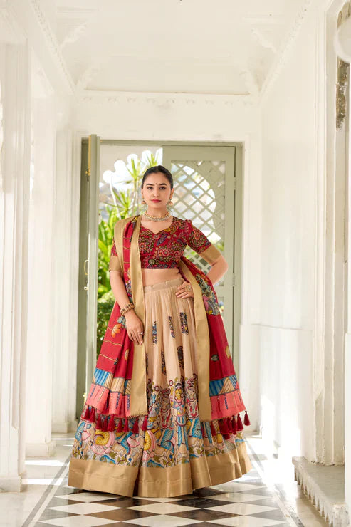 Dola Silk Kalamkari Print Lehenga Set with Zari Weaving Border – Elegant Ethnic Wear for Women