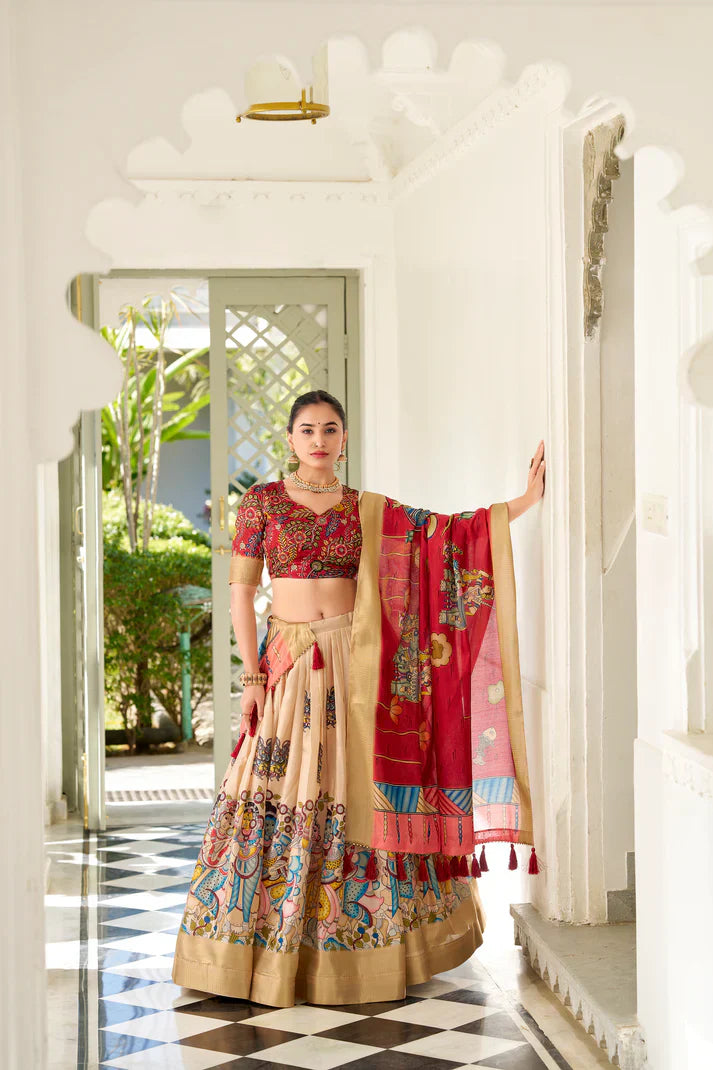 Dola Silk Kalamkari Print Lehenga Set with Zari Weaving Border – Elegant Ethnic Wear for Women