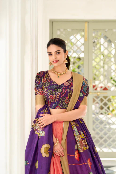 Dola Silk Kalamkari Print Lehenga Set with Zari Weaving Border – Festive & Wedding Wear