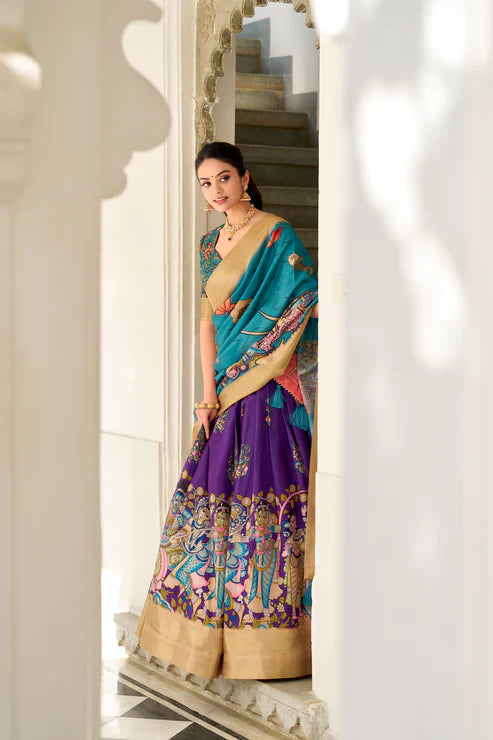 Dola Silk Kalamkari Print Lehenga Set with Zari Weaving Border – Elegant Ethnic Wear for Festive Occasions