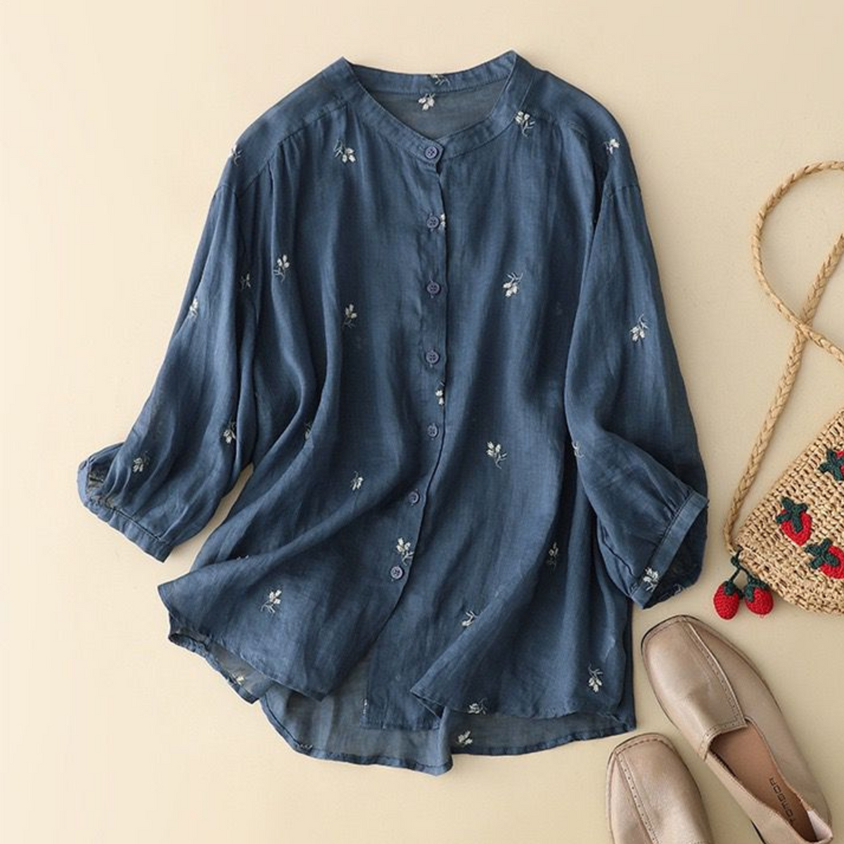 Cotton Floral Embroidered Comfortable Boat Neck Shirt