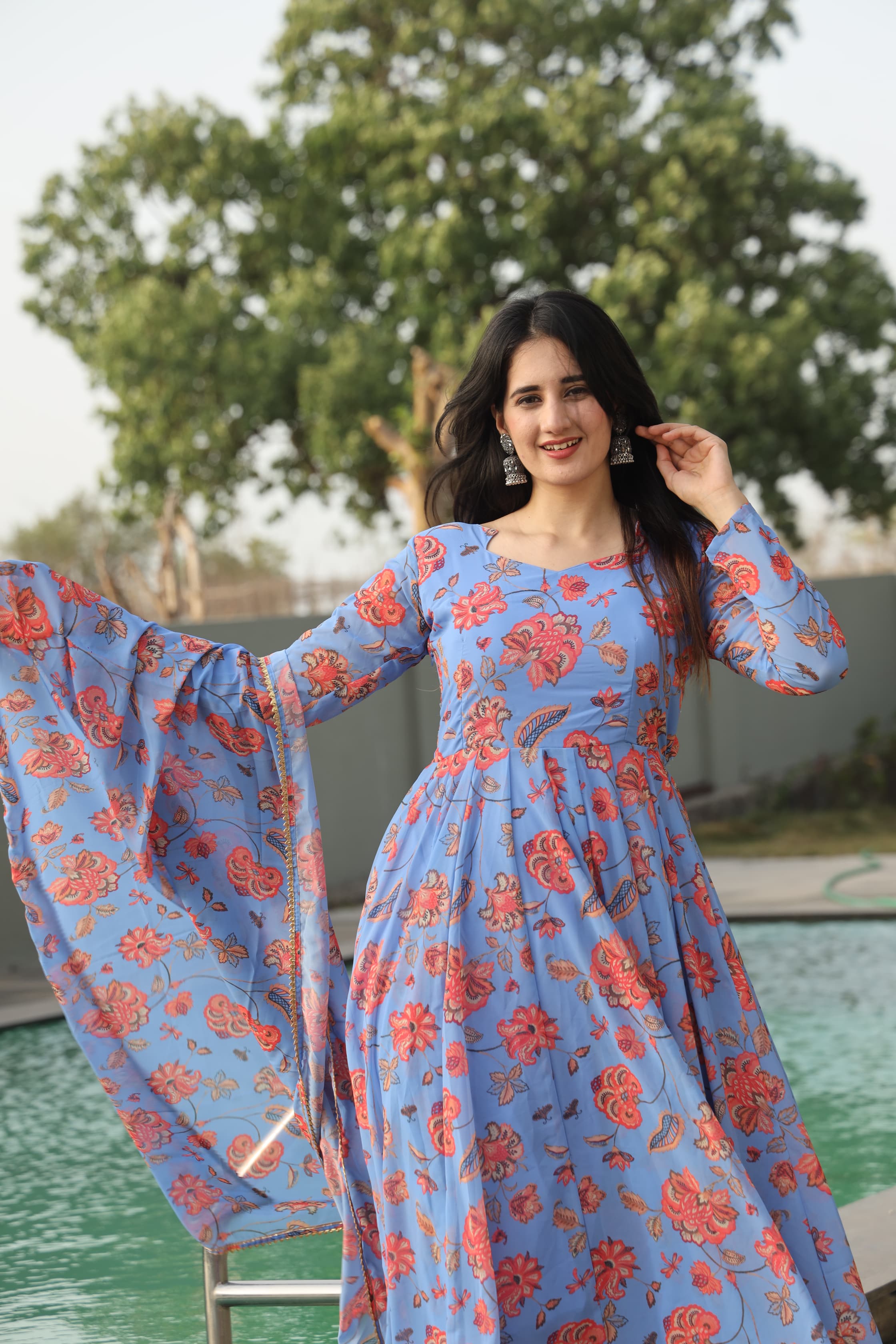 Elegant Georgette Kurta Set with Micro Cotton Pants & Dupatta