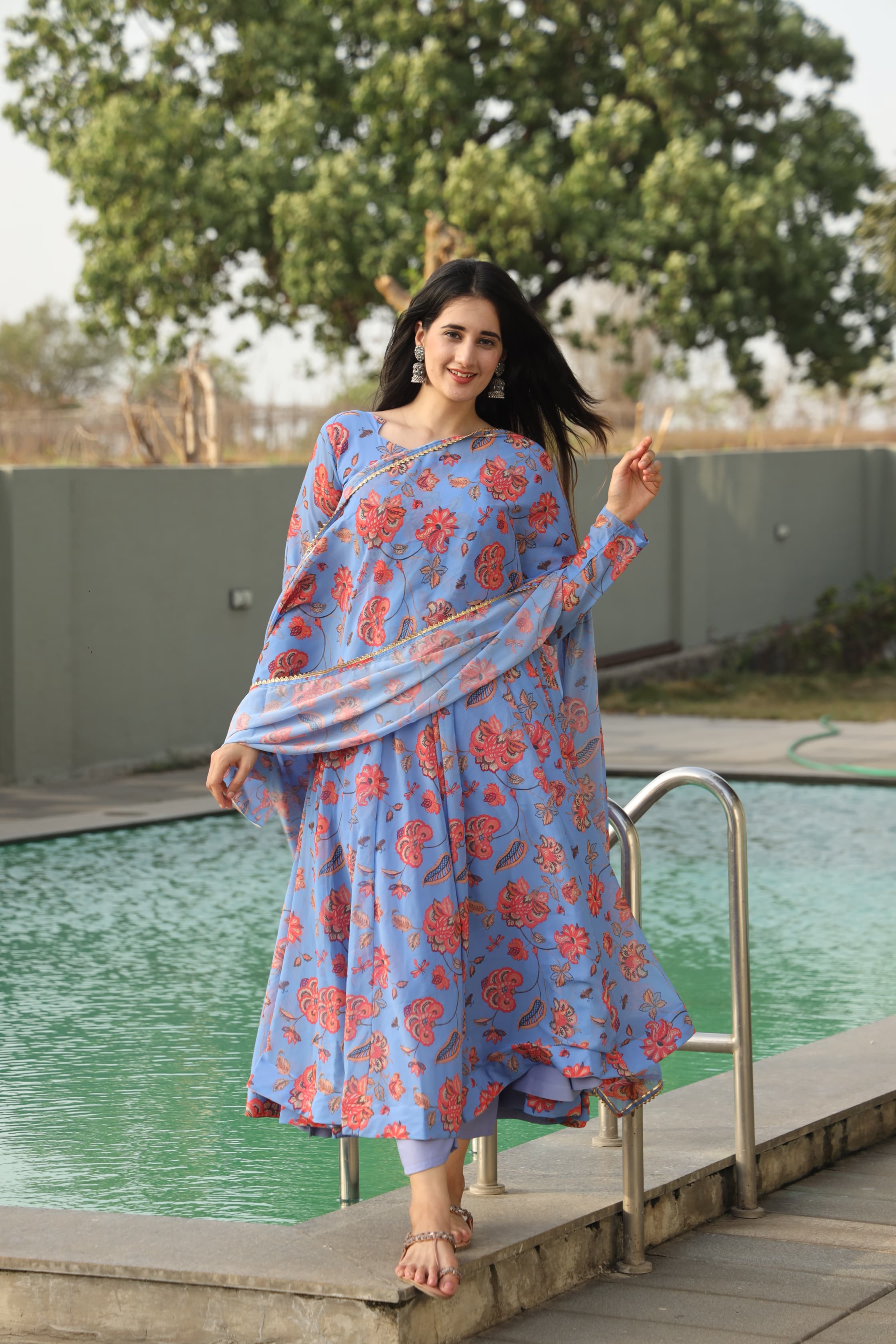 Elegant Georgette Kurta Set with Micro Cotton Pants & Dupatta