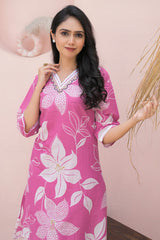 Pink Floral Embroidered Co-Ord Set – Top & Bottom