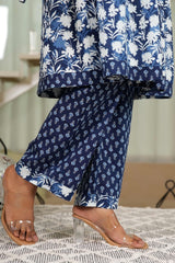 Dark Blue Anarkali Salwar Suit Featuring Floral Prints on Pure Cotton