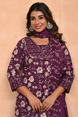 Elegant Wine Floral Printed Salwar Suit With Intricate Sequin Embellishment On Pure Cotton