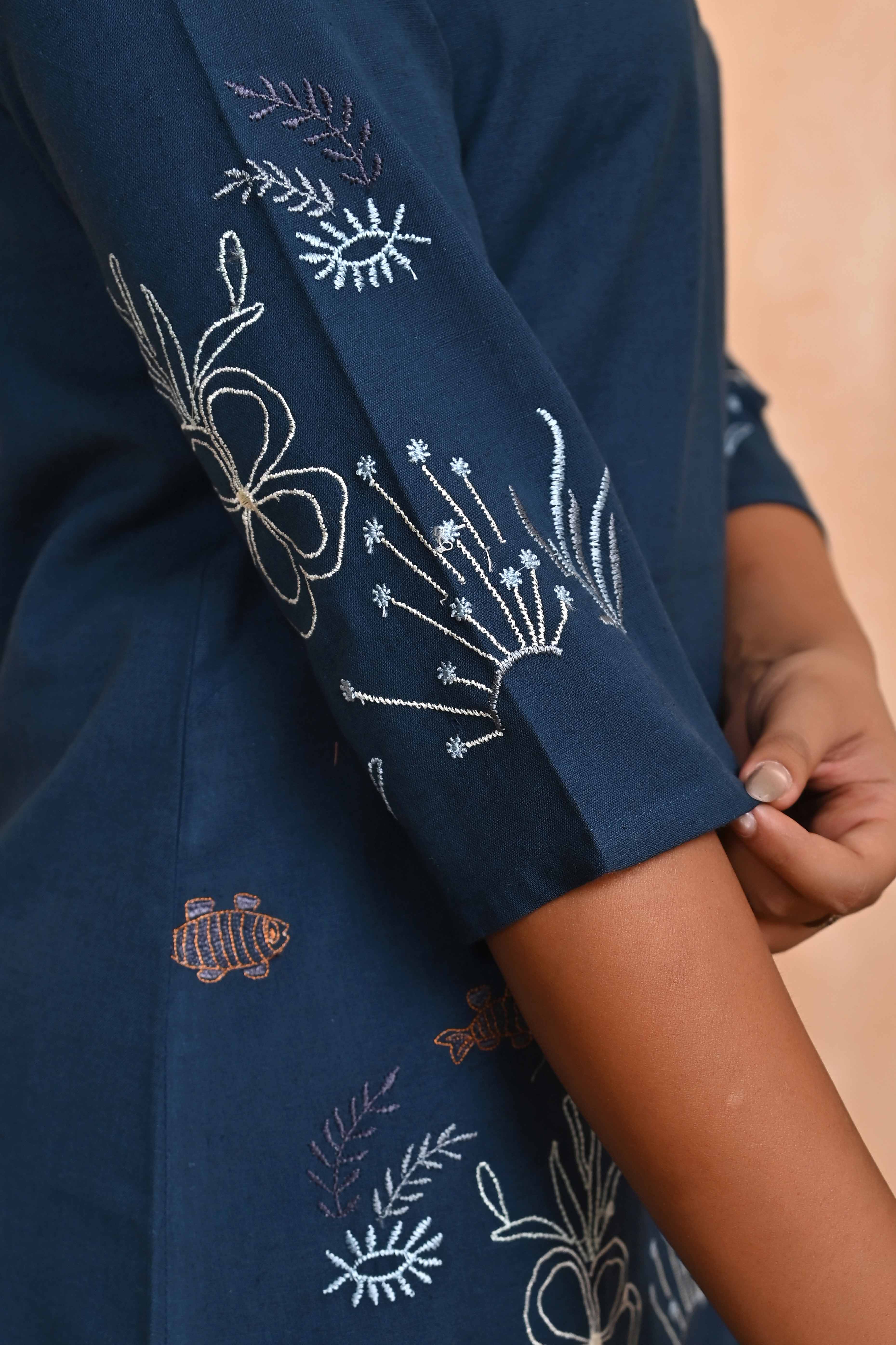 Navy Blue Hand-Embroidered Cotton Co-Ord Set with Bead Detailing