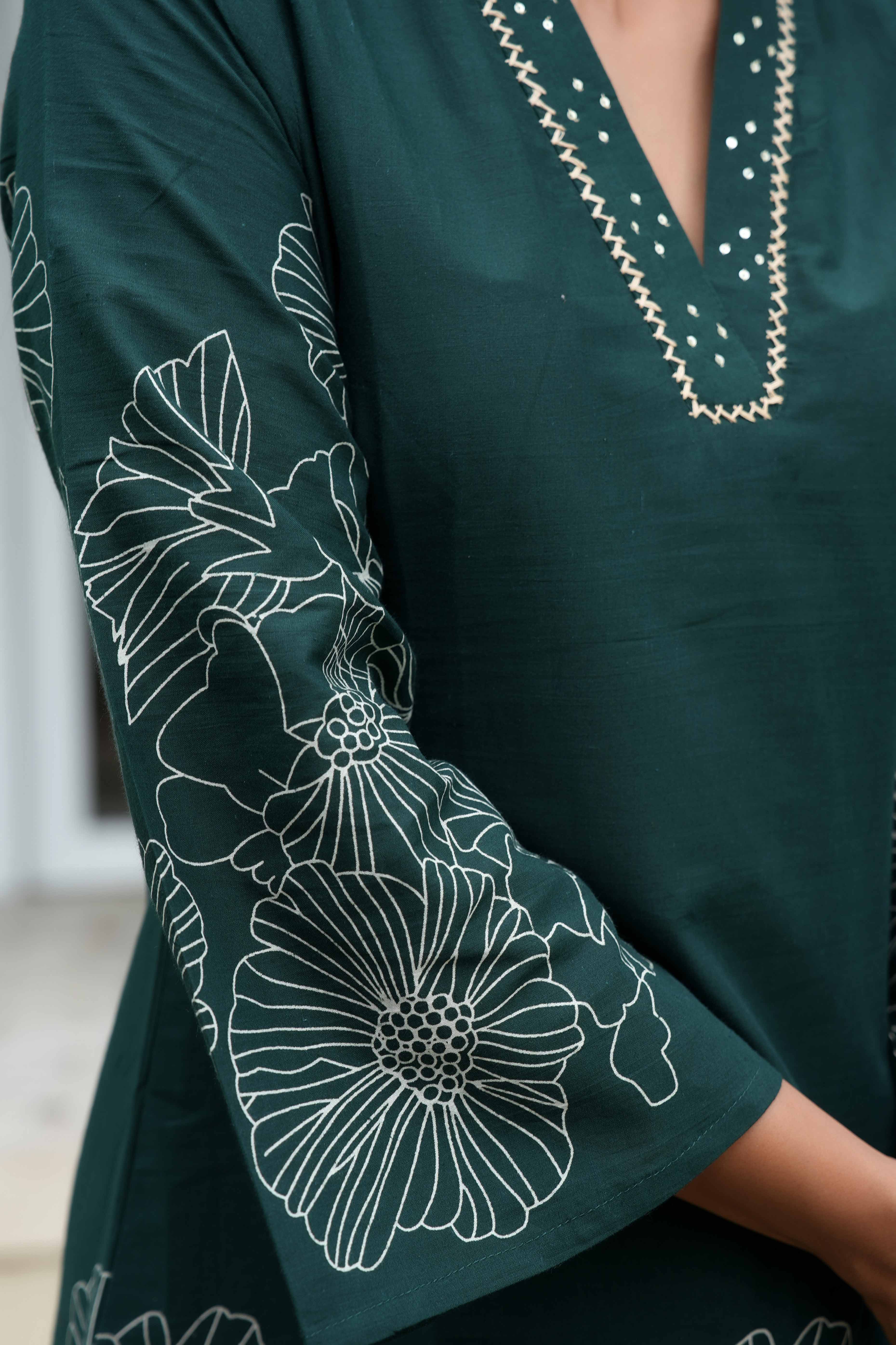 Bottle Green Floral Embroidered Co-Ord Set – Top & Bottom