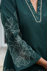 Bottle Green Floral Embroidered Co-Ord Set – Top & Bottom