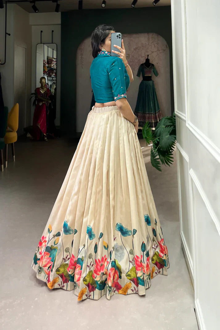 Elegant Tussar Silk Lehenga Set with Floral Print and Mirror Work Blouse