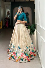 Elegant Tussar Silk Lehenga Set with Floral Print and Mirror Work Blouse