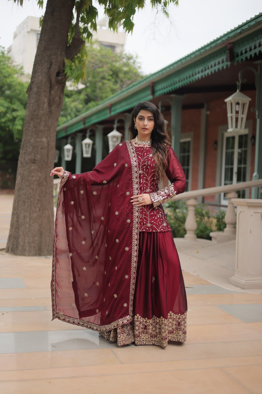 Rangoli Silk Embroidered Kurti Set with Plazzo & Dupatta