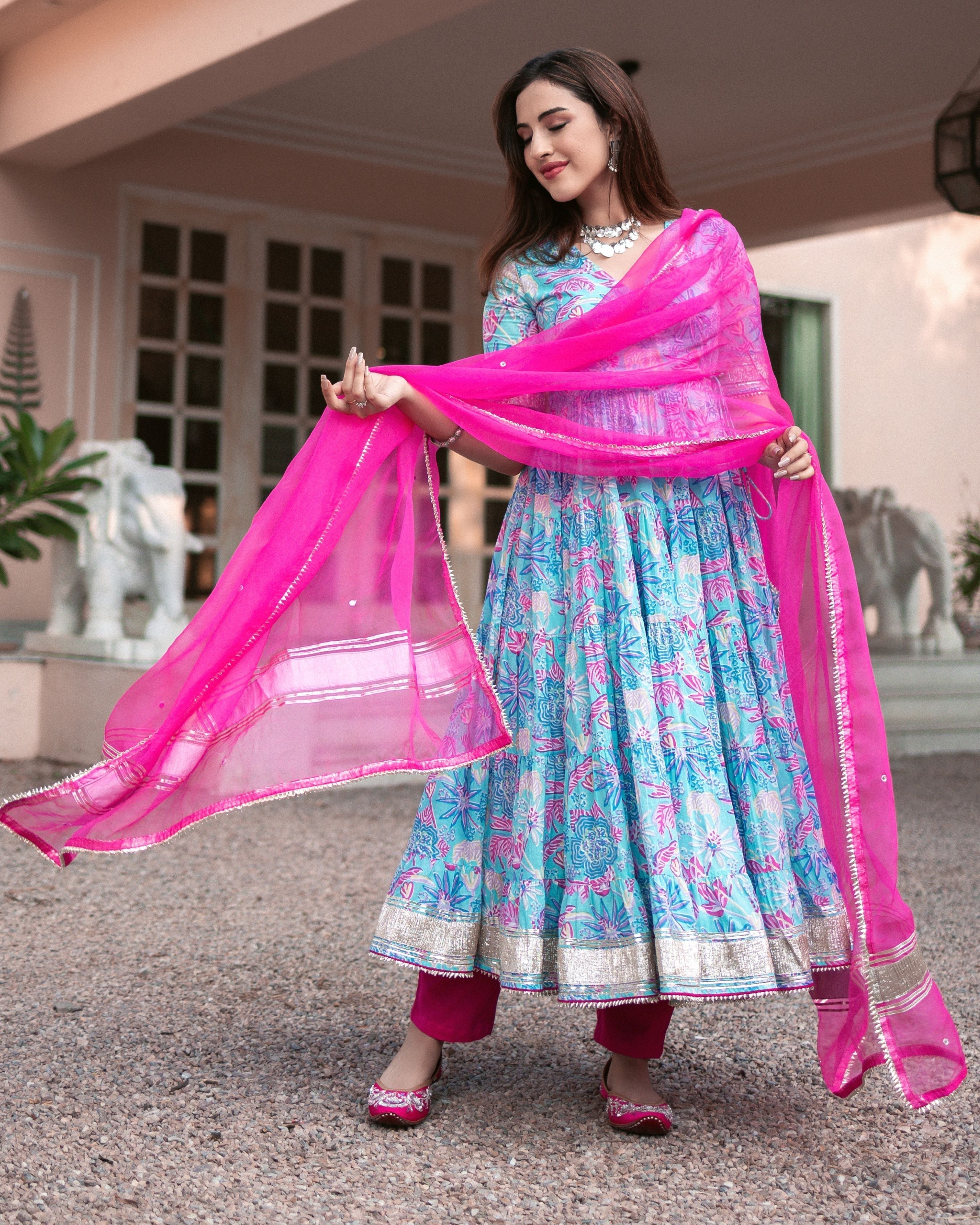 Blue Cotton Angrakha Suit Set with Gota Work and Organza Dupatta