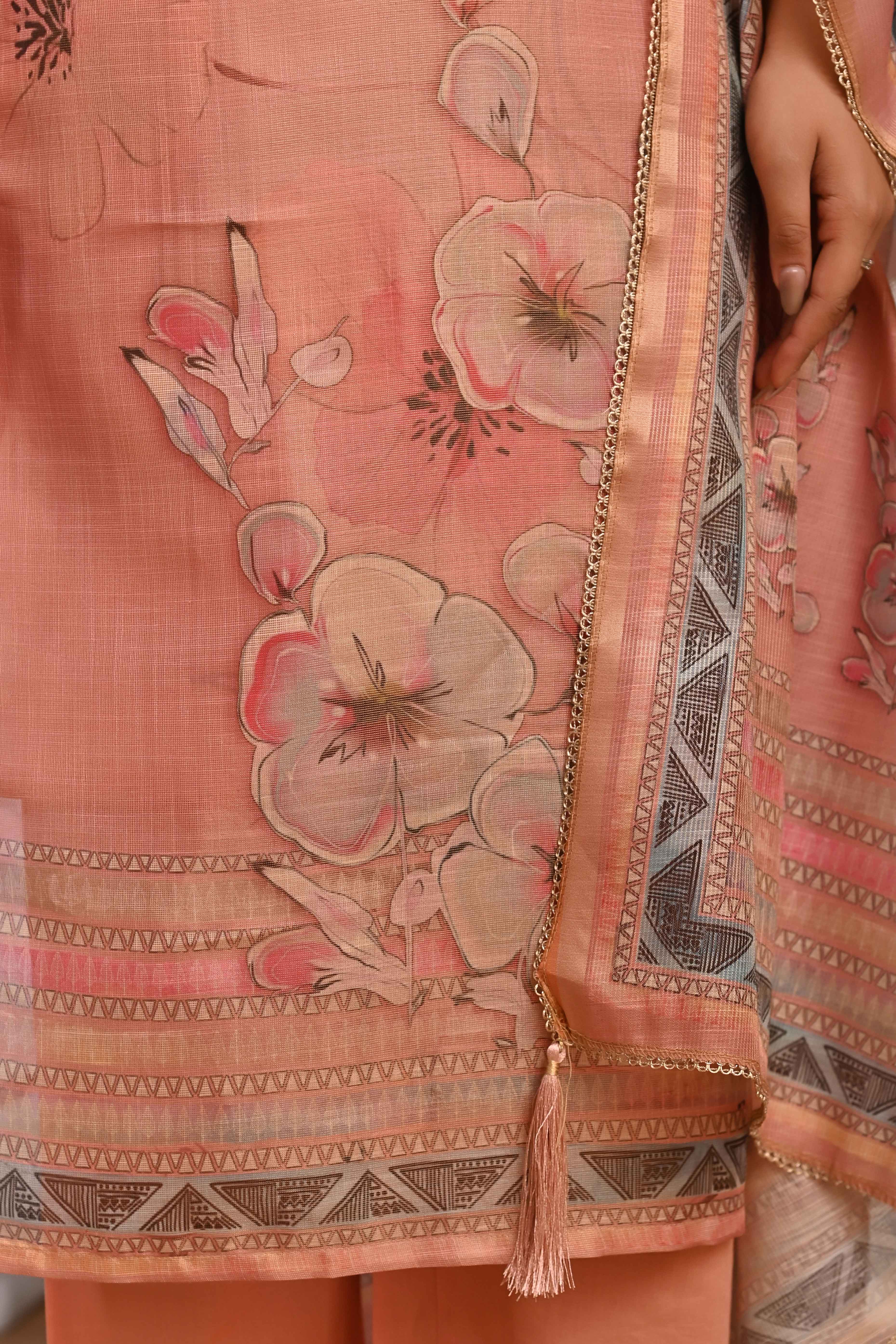 Elegant Dark Peach Linen Jacquard Salwar Suit with Floral Prints & Shimmer